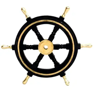 Geweldige Stijl Houten Zwart Gepolijst Schip Wiel Met Gouden Schaduw Royal Home Decoratief Opknoping Nautische Marine Stuur