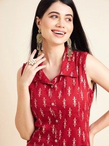 Gran oferta, alta demanda, moda, alta calidad, estampado Floral étnico, tela de algodón sin mangas, conjunto de Kurta de línea A para mujer - Product Image 3