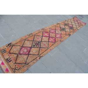 Vintage 2.3x12.9 ft Rug, Runner Turkish Rug, <b>Brown</b> Pink Persian <b>Wool</b> Rug - Product Image 4