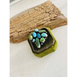 Navajo-Made <b>Statement</b> <b>Ring</b> Multi-Turquoise Sterling <b>Silver</b> Bezel Setting Hip-Hop Dainty Style Everyday Wear Fine Jewelry Size 8 - Product Image 4