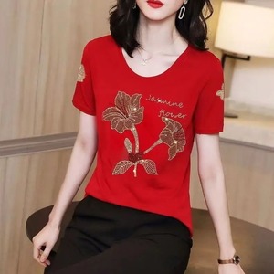 <b>Women's</b> Round Neck Fashion 2024 Summer New Solid Color Printed Letter Diamond Short Sleeve <b>Loose</b> Minimalist Casual T-shirts <b>Tops</b> - Product Image 4