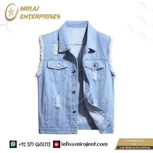 Chaleco de mezclilla para hombre, sin mangas, rasgado, ajustado, desgastado, chaqueta vaquera de un solo pecho, prendas de vestir de algodón ajustadas para hombre - Product Image 2