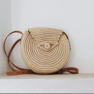 กระเป๋า Raffia กลมพร้อมที่จับหนัง - Product Image 1