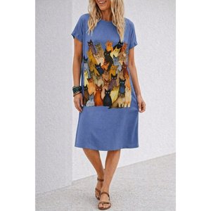 Robe mi-longue en viscose à manches courtes et col rond avec imprimé chat, 34022 - Product Image 3