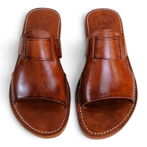 Men Brown Genuine Leather Slides Open Toe Slip On Flat Sandals Summer <b>Beach</b> Casual <b>Shoes</b> - Product Image 2