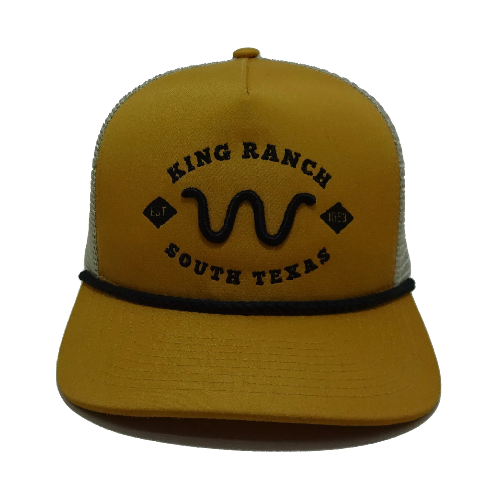 Кепка Королевского ранчо с вышивкой, 2D логотип, индивидуальный дизайн, желтая шляпа дальнобойщика, 5 панелей с веревкой, новый дизайн, сетчатые спортивные кепки, вьетнамские кепки