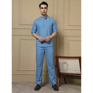 Amanush <b>Men's</b> Solid Blue Cotton Co-Ord Set Mandarin Collar Full Sleeve Kurta With Pant Casual Wear Summer 2 Piece Outfit - Product Image 1