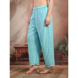 Pantalon palazzo évasé rose en coton pour femme, motif floral, taille haute/basse, respirant, décontracté et élégant - Product Image 4