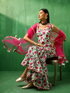 ADAA Casual Cotton Sharara Set in Pink <b>White</b> <b>Fit</b> <b>Flare</b> Silhouette with Natural Waistline Embellished Hollow Tassel Sharara <b>Dress</b> - Product Image 6