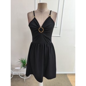 Vestido Corto de Crepé Brillante con Escote Corazón y Tirantes para Mujer, con Detalle de Anillo, 35073 - Negro - Product Image 5