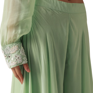 ชุดเคอร์ตาและพาลาซโซสีเขียวผ้าออแกนซ่าผ้าโปร่งปักลายและเข็มขัดเสื้อผ้าพื้นเมืองสำหรับผู้หญิงเครื่องแต่งกายจากโรงงานผู้ผลิต - Product Image 6