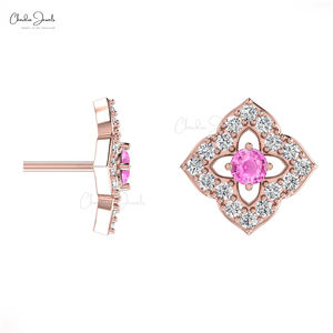 Boucles d'oreilles Femme Mode 2025 Saphir Rose Halo Diamant Stud Or Massif 14k Rond 2mm Gemstone Floral Studs Direct Factory Price - Product Image 2