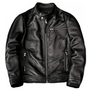 Men Genuine <b>Leather</b> Moto <b>Jacket</b> Stand Collar Zipper Closure Solid Color Regular Fit Autumn Wear - Product Image 1