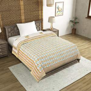 Couette Kantha en coton taille unique pour hivers légers impression bloc à la main motif feuille Rajai 150x225 cm couleur marron - Product Image 2