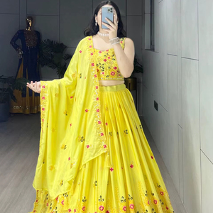Hilo bordado de tela Chinon amarillo de diseñador de lujo y trabajo de secuencia Lehenga Choli étnico para ropa de fiesta - Product Image 1