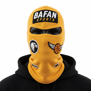 Balaclava de sport pour homme en tricot côtelé, mélange de coton, tissu doux et extensible, couleur jaune, couvre-visage complet, logo brodé personnalisé, balaclavas pour homme - Product Image 1