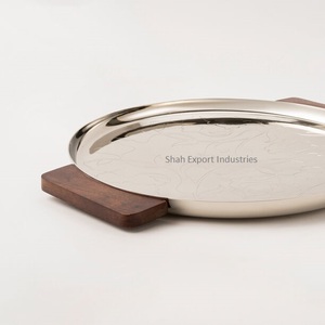 Handmade Round Shape Metal Serving <b>Tray</b> With Wooden Handle <b>Silver</b> Plated Home & Wedding Food and <b>Drinks</b> Serving <b>Tray</b> - Product Image 2
