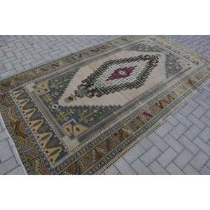 Tapis turc vintage de grande surface en laine à motif abstrait beige et bleu de 5.3x9.4 pieds avec support en latex pour chambre d'ado - Product Image 2