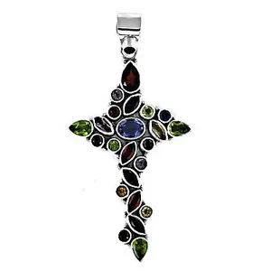 Bijoux de mode pour femmes en argent 925, pendentif croix multi-pierres avec pierres serties en bélière, breloques - Product Image 2