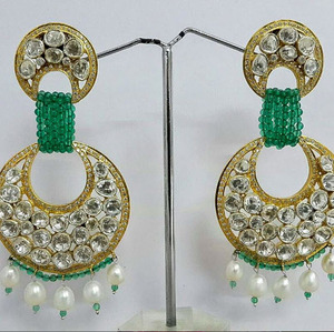 Pendiente de diamante Polki, pendiente de diamante Esmeralda Natural, pendiente de diamante nupcial, Plata de Ley 925, oro Vermeil, joyería de boda - Product Image 1