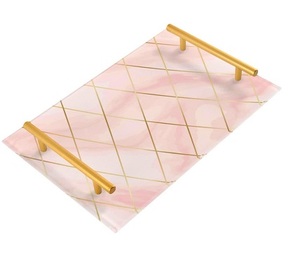 Plateau en marbre créatif 12x30 cm avec poignée en métal doré pour décoration d'hôtel et rectangle de luxe - Product Image 1