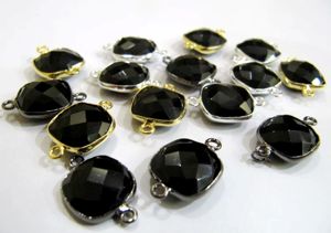 Latón de alta calidad, 10mm, espinela negra Natural, Briolette, Conector de bisel de doble bucle, abalorio para fabricación de joyas, cojín, forma cuadrada - Product Image 2