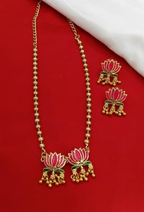 Ensemble collier et boucles d'oreilles en acier inoxydable plaqué or de qualité supérieure, avec boule dorée en diamant, émail Advanta, lotus, court, pour femmes - Product Image 2