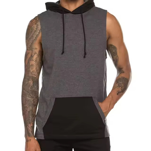 <b>Men's</b> Winter Fashion Personalized 100% Cotton Terry Fabric Solid Color <b>Sleeveless</b> Fitness Hoodie Vest with Pocket Breathable - Product Image 3