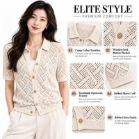 Damen Kurzarm-Strickjacke Beige Hohlgewebter Chevron-Strick Umlegekragen Knopfleiste Vorne Sommer Casual Outfit für Damen