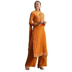 ชุดปาลัสผ้าไหมสีส้มอ่อนพร้อมการปักลายเสื้อผ้าพื้นเมืองสำหรับผู้หญิง - Product Image 3