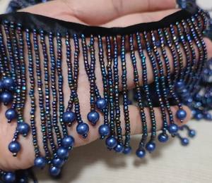 Handmade Iris Navy Blue Pearl Beaded <b>Fringe</b>, <b>Lampshade</b> Trim (90cm Long) - Product Image 1