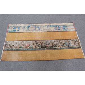 2.5x4.4 ft Rug, Vintage Turkish Rug, <b>Yellow</b> Check <b>Wool</b> Rug - Product Image 2