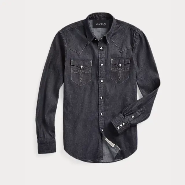 100% Denim Fabric Boy Clothing Jacket Jeans Shirts Man Wholesale Cotton Shirt Dark Blue Denims Custom Size Logo Shirt Men Jean