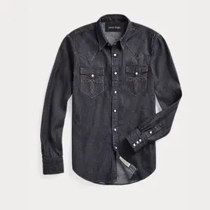 100% Denim tissu garçon vêtements veste jean chemises homme en gros coton chemise bleu foncé Denims taille personnalisée Logo chemise hommes Jean