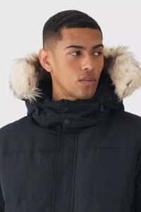 Doudoune à capuche très exigeante avec garniture en fausse fourrure amovible en noir coupe-vent chaud hiver bulle hommes vestes poches latérales - Product Image 3