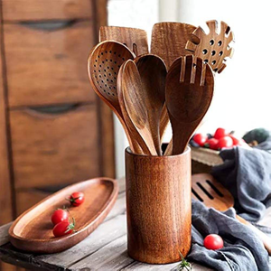 Juego de utensilios de cocina de madera de teca natural para cocinar sartén antiadherente de glowin fashion - Product Image 4