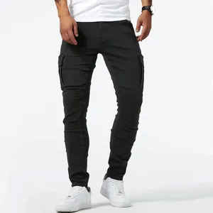 Jean pour homme de couleur unie, pantalon cargo en denim multi-poches, taille moyenne, slim fit, tenue quotidienne pour printemps automne - Product Image 3