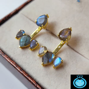 Pendientes de Labradorita Natural con Forma de Pera |   Pendientes de Botón con Piedra de Nacimiento Chapados en Oro para Mujer - Product Image 4