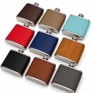 Flacons à liqueur personnalisés avec logo, en cuir, 6 oz, en acier inoxydable, avec housse en cuir végétalien - Product Image 1