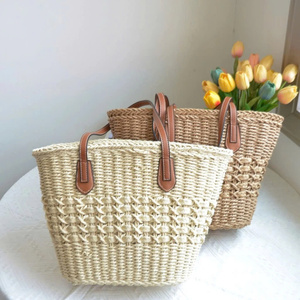 <b>Large</b> Woven Straw Beach Tote Bag for Women with Leather Handles and Zipper Closure - Product Image 1