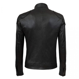 Veste moto en cuir véritable noir pour homme, col montant, fermeture à boutons, coupe ajustée, longueur normale, couleur unie 2027 - Product Image 2