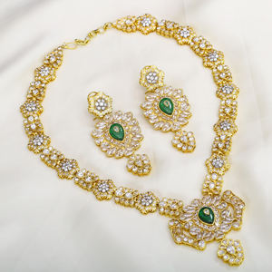 High Quality <b>Gold</b> <b>and</b> Silver Plated <b>Necklace</b> <b>Set</b> in Cz <b>and</b> Green Stones With <b>Earrings</b> - Product Image 1