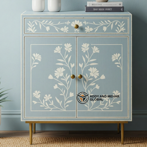 ตู้ลายดอกไม้ฝังกระดูกสีน้ำเงินพร้อมขาทองเหลืองตู้ด้านข้างทำมือสำหรับห้องนั่งเล่นหรือห้องโถง - Product Image 1