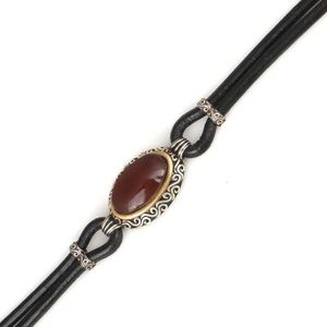 925 Sterling Silver Fine Charm Leather <b>Bracelet</b> with Elegant Oval Agate Stone - Product Image 3