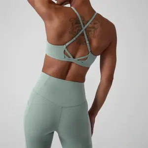 Soutien-gorge de sport en nylon respirant pour femmes extensible longue ligne soutien-gorge de yoga soutien moyen bonnets amovibles motif solide pour adultes actifs - Product Image 5