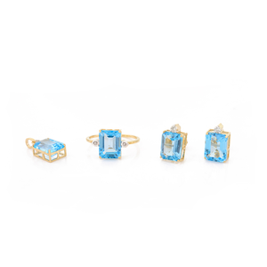 Trendy Real 18K Yellow Gold Octagon <b>Blue</b> Topaz & Round <b>Diamond</b> 3 Pcs Ring <b>Earrings</b> & Pendant Jewelry Set For Women Gift - Product Image 3