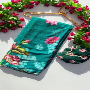 Heavy Pure Dual Georgette Saree con trabajo hecho a mano completo con corte Dana y adornos de perlas Ropa de novia Premium - Product Image 2