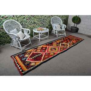 Alfombra Turca de 2.9x10.6 pies, Alfombra Vintage de Lana Marroquí Roja y Azul - Product Image 2