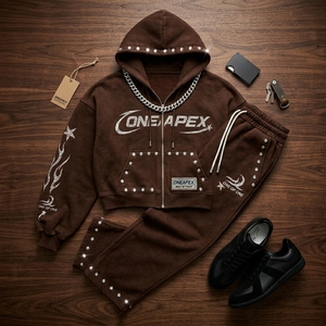 <b>Brown</b> Rhinestone Graphic Zip Up Hoodie Sweatpants Tracksuit Sets Men's Streetwear Two Piece <b>Jogger</b> Outfit Wholesale OEM - Product Image 2