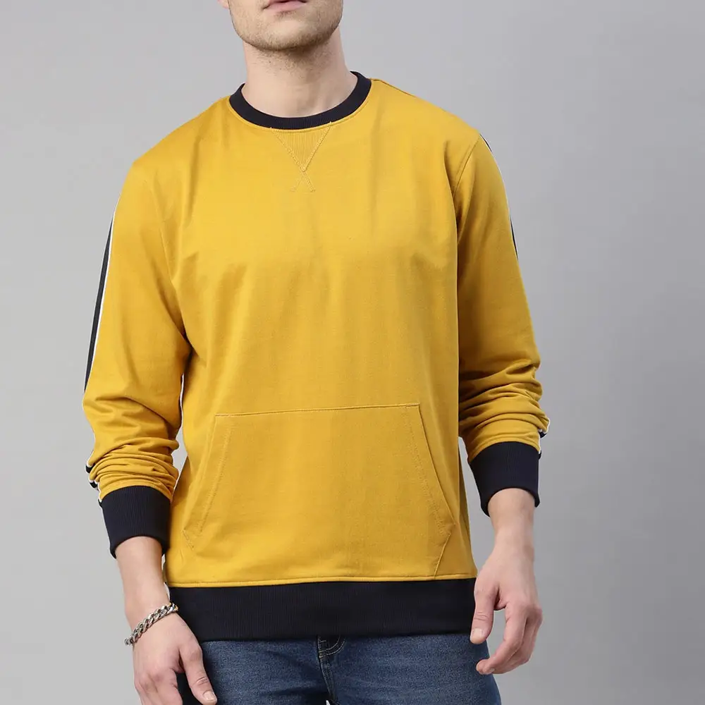 패션 380g 면 + 폴리에스터 풀오버 6 색 양털 줄 지어 남자 크루넥 스웨트 셔츠